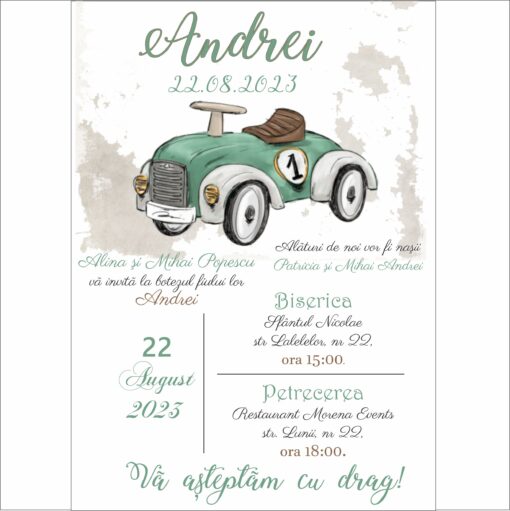 Invitatie de Botez Digitala Masinuta Curse Verde