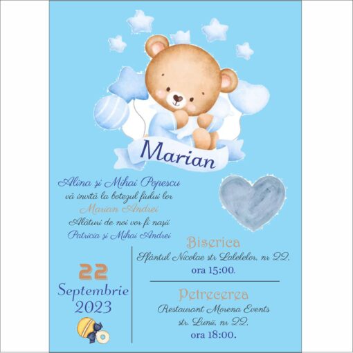 Invitatie botez Digitala Bebe Ursulet si Baloane Bleu