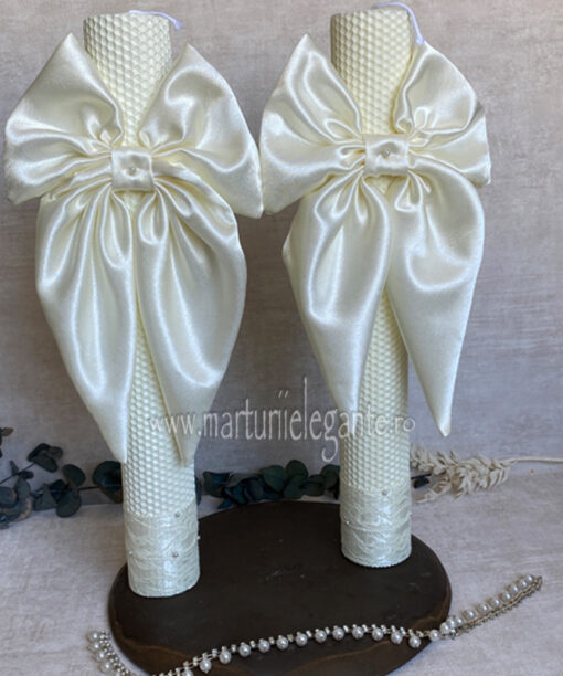 Set lumanari nunta cu funde ivoire si perlute