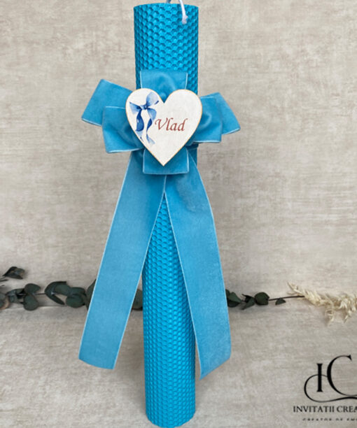 Lumanare Botez Baiat din Ceara Albine Personalizata cu Funda Watercolor