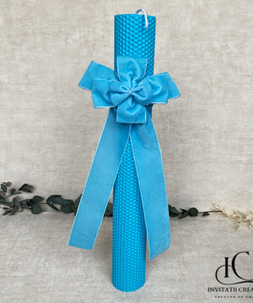 Lumanare Botez Baiat Albastra din Ceara Albine cu Catifea