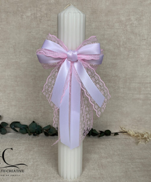 Lumanare de Botez pentru Fetita Diafana cu Fundita Alb-Roz