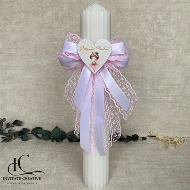 Lumanare Botez Diafana Fundita din Dantela Roz Personalizata cu Balerina