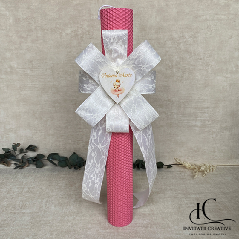 Lumanare Botez Fata Floare Mare Alba Inima Personalizata Balerina Printesa