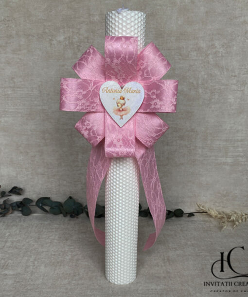 Lumanare Botez Fata Floare Mare Roz Inima Personalizata Balerina