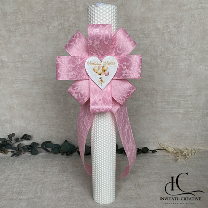 Lumanare Botez Fata Floare Mare Roz Inima Personalizata Balerina cu baloane
