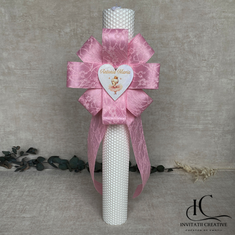 Lumanare Botez Fata Floare Mare Roz Inima Personalizata Balerina