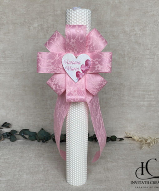 Lumanare Botez Floare Mare Roz Personalizata Baloane Inima