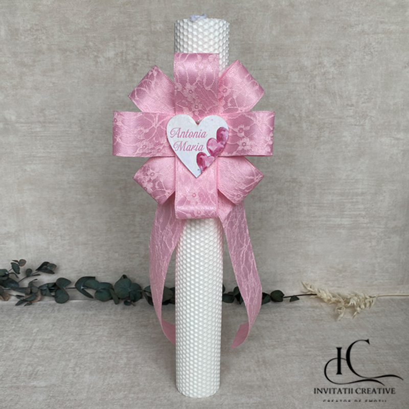 Lumanare Botez Fata Floare Mare Roz Inima Personalizata Baloane Inima