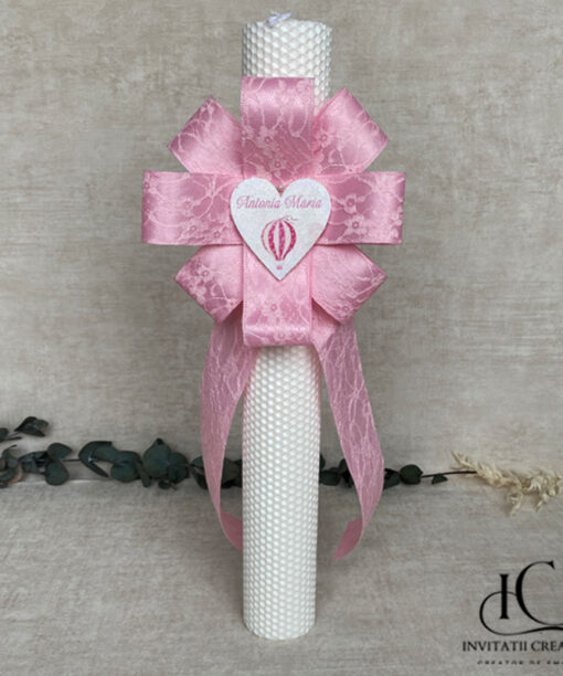 Lumanare Botez Floare Mare Roz Personalizata Balon cu Aer cald