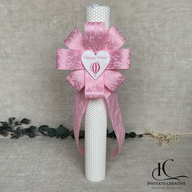 Lumanare Botez Fata Floare Mare Roz Inima Personalizata Balon cu Aer cald