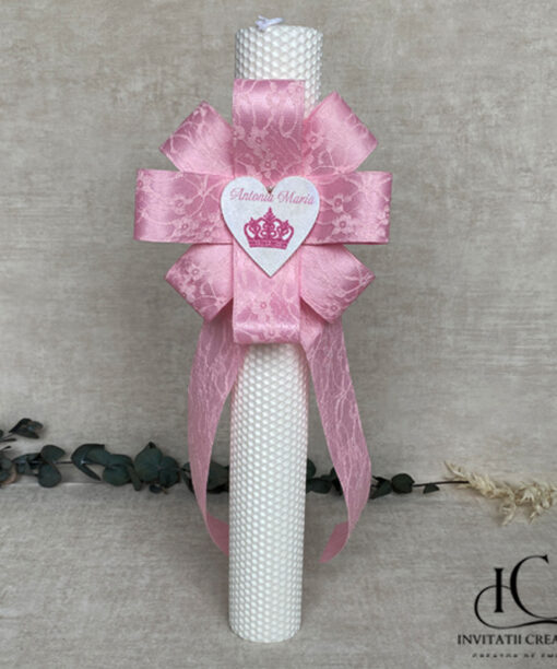 Lumanare Botez Floare Mare Roz Personalizata Coroana Regala