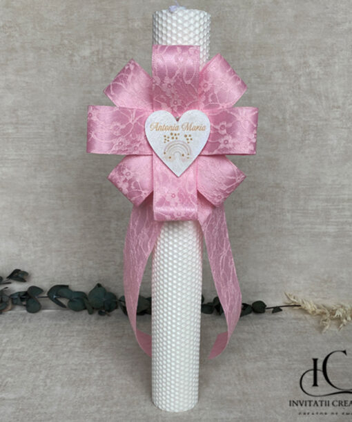 Lumanare Botez Floare Mare Roz Personalizata Curcubeu Pastel
