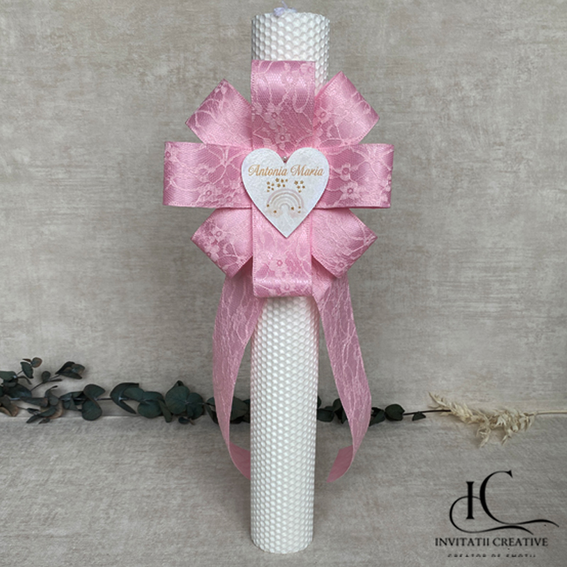 Lumanare Botez Fata Floare Mare Roz Inima Personalizata Curcubeu Pastel