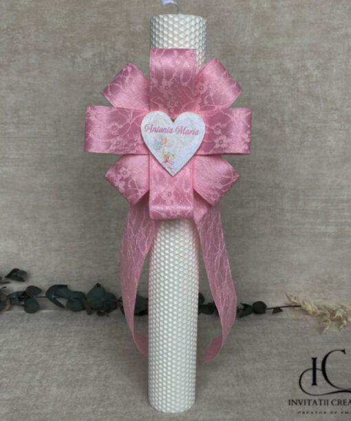 Lumanare Botez Floare Mare Roz Inima cu Fetita cu Baloane Pastel