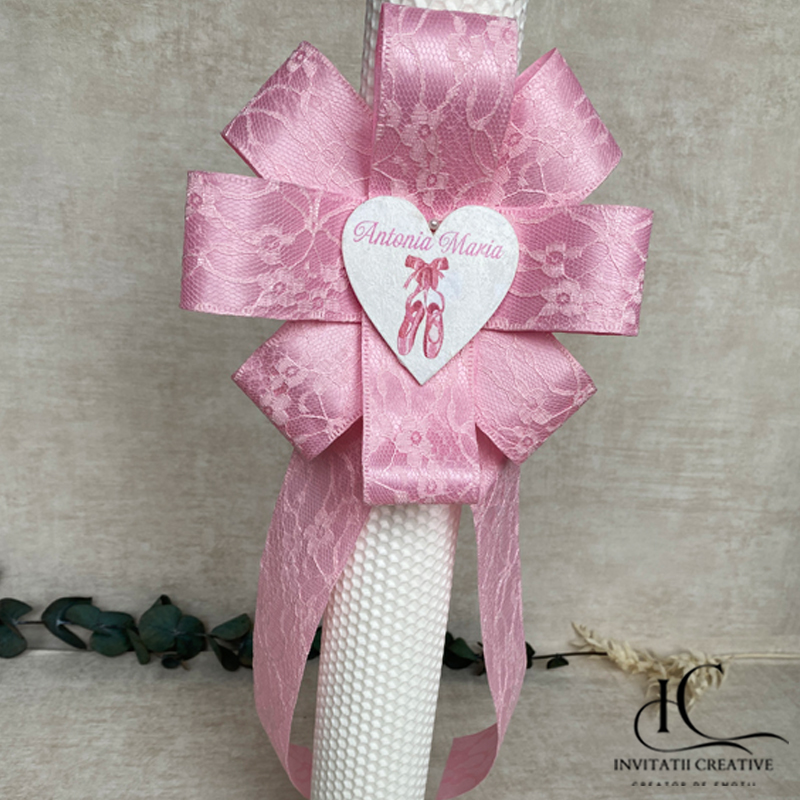 Lumanare Botez Fata Floare Mare Roz Inima Personalizata Poante Balerina (1)