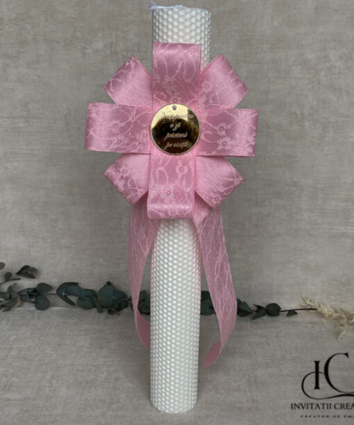 Lumanare Botez Floare Mare Roz Personalizata Banut cu Mesaj