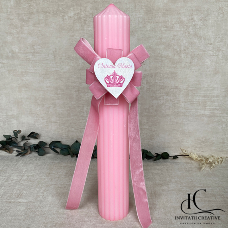 Lumanare Botez Floare Catifea Pink Dream cu Inima Personalizata Coroana Regala
