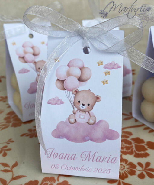 Marturie de botez lumanare bubble ursulet roz cu baloane