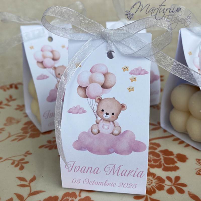 Marturie de botez lumanare bubble ursulet roz cu baloane Marturie de botez lumanare bubble ursulet roz cu baloane