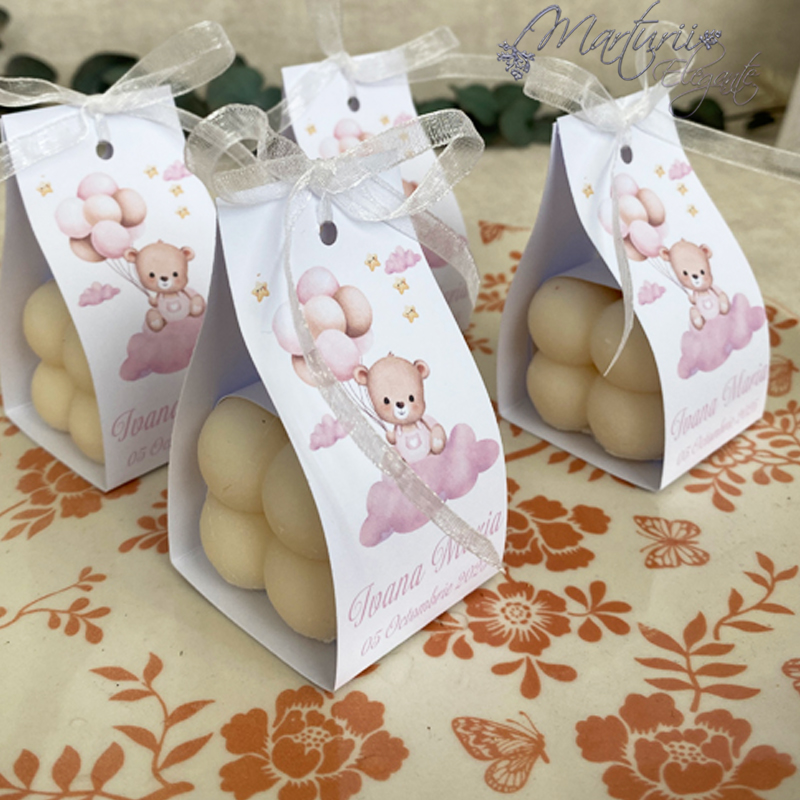 Marturie de botez lumanare bubble ursulet roz cu baloane1