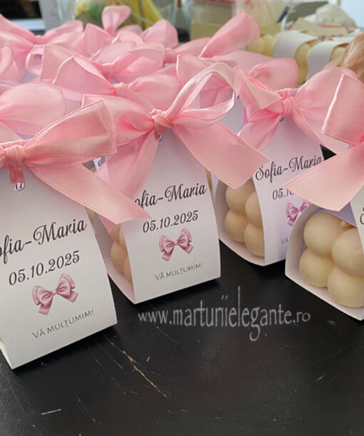 Marturii lumanari bubble cu fundita roz