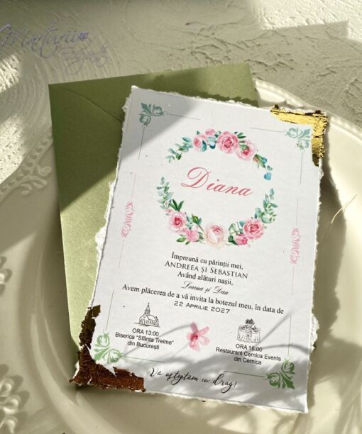 Invitatie Botez cu Model Floral Foita Aurie Plic verde