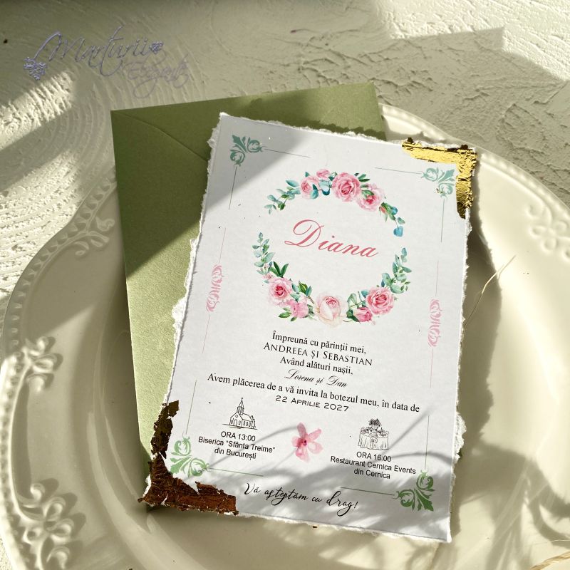 Invitatie de Botez Deosebita cu Model Floral Foita Aurie si plic Verde Pastel (1)