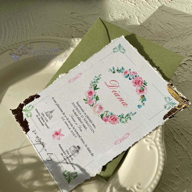 Invitatie de Botez Deosebita cu Model Floral Foita Aurie si plic Verde Pastel (2)