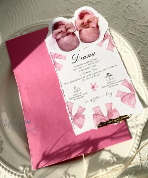 Invitatie de Botez Eleganta Foita Aurie Botosei si Fundite Roz