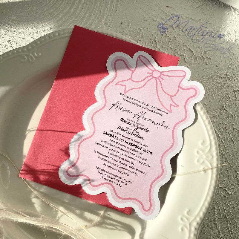 Invitatie de Botez Forma Deosebita ci Fundita Eleganta Roz (1)