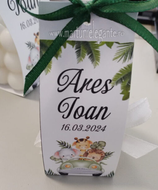 Marturie Borcanel Miere in Cutiuta Personalizata Animalute in Masina