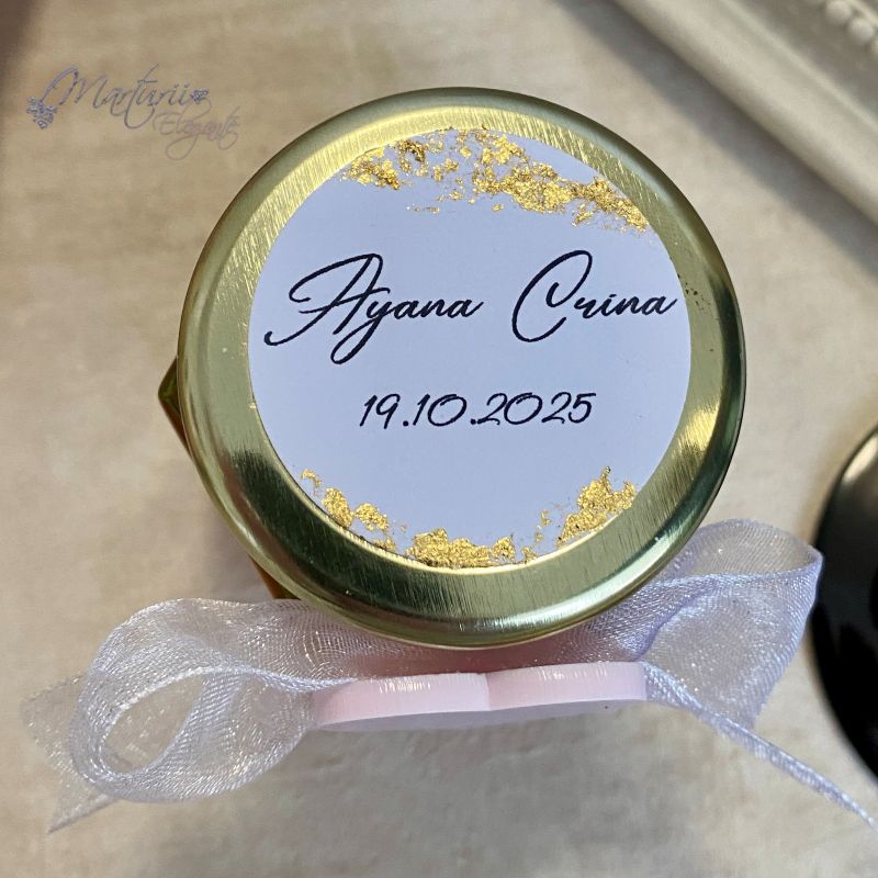 Marturie Eleganta Borcanel Miere 100ml cu Inima roz si Foita Aurie (4)