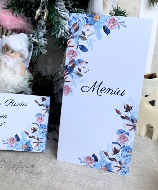 Meniu cu Flori de Bumbac si Flori Albastre Pastel
