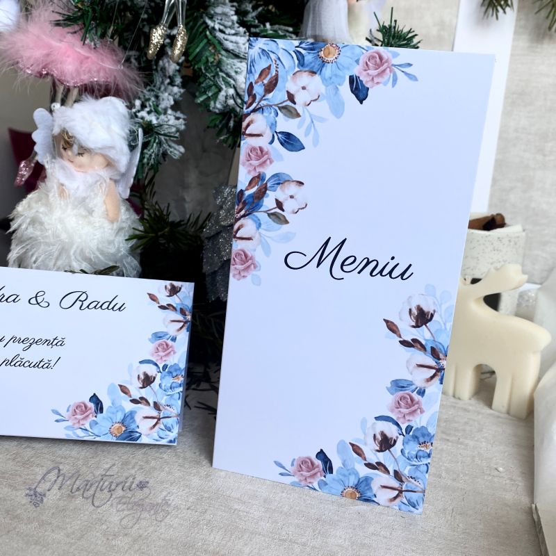 Meniu cu Flori de Bumbac si Flori Albastre Pastel
