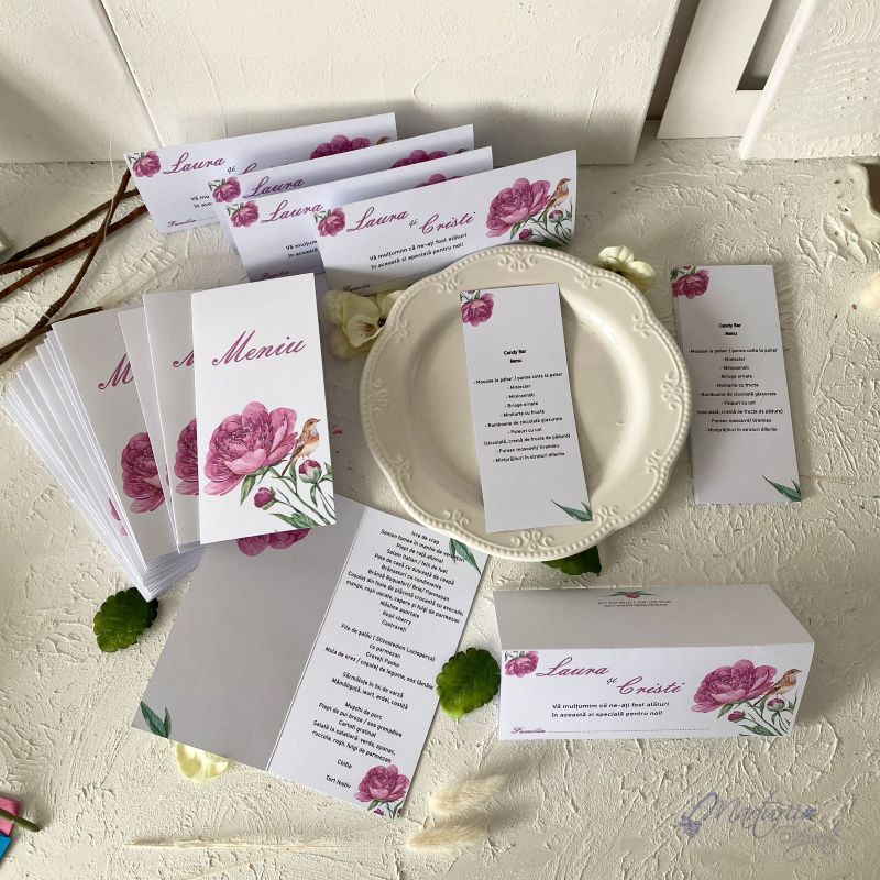 Set Meniu nunta si Plicuri de bani Bujor Elegant